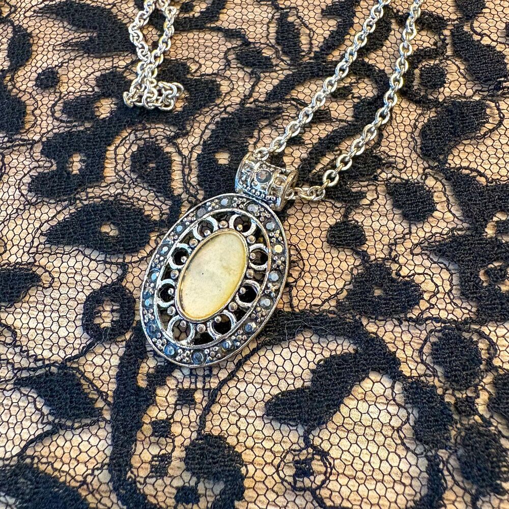 Vintage Gothic Silver Tone Marcasite Style Pendant Necklace Oval Cream Cabochon